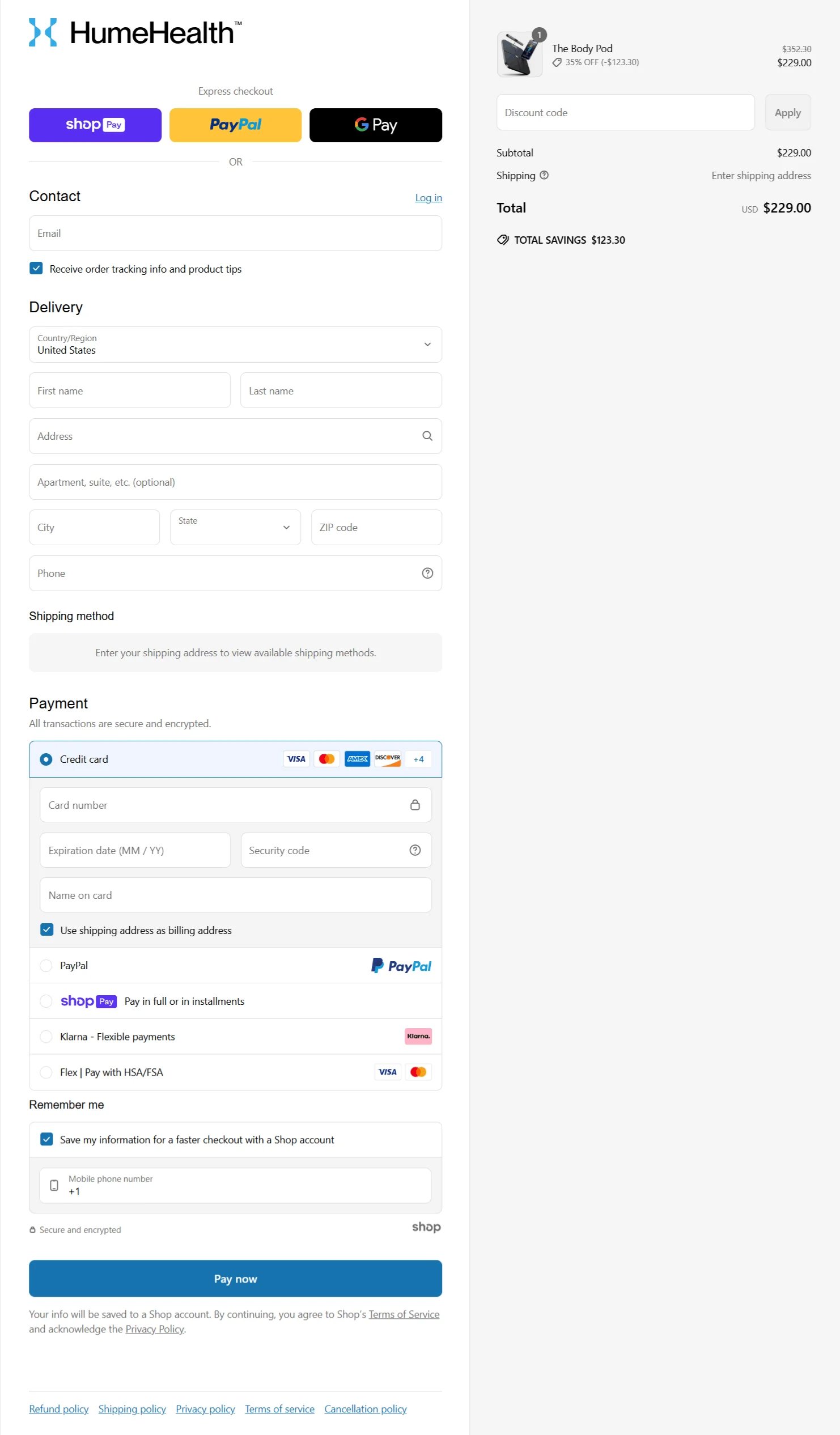 Hume Health Body Pod checkout page